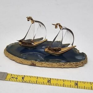 Gold and Blue Sailboat Figurine on Agate Base
